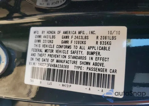 2011 Honda Accord Exl from USA, damaged, VIN 1HGCP2F84BA038069